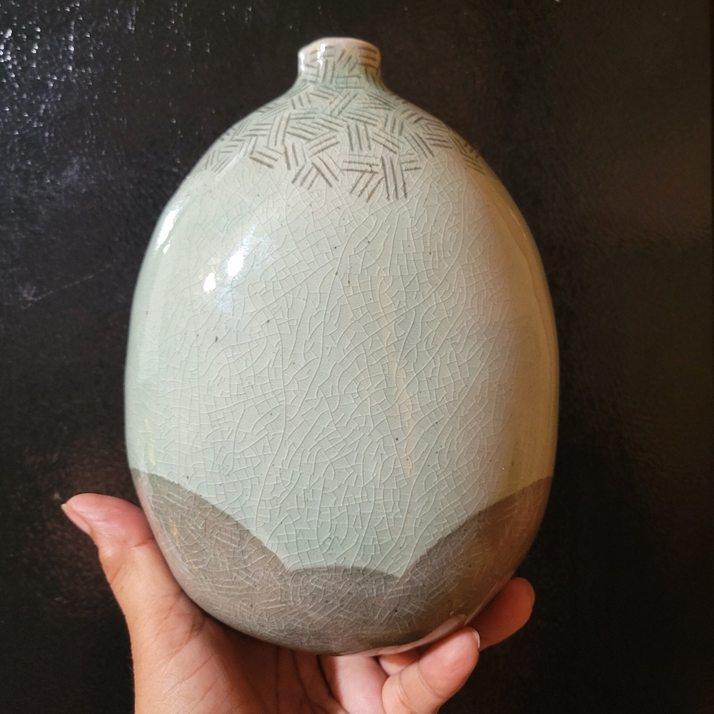 Celadon Pear Shaped Studio Pottery Vase Color Block Mod Tribal Fluid Pattern